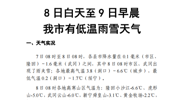 8 日白天至 9 日早晨我市有低温雨雪天气