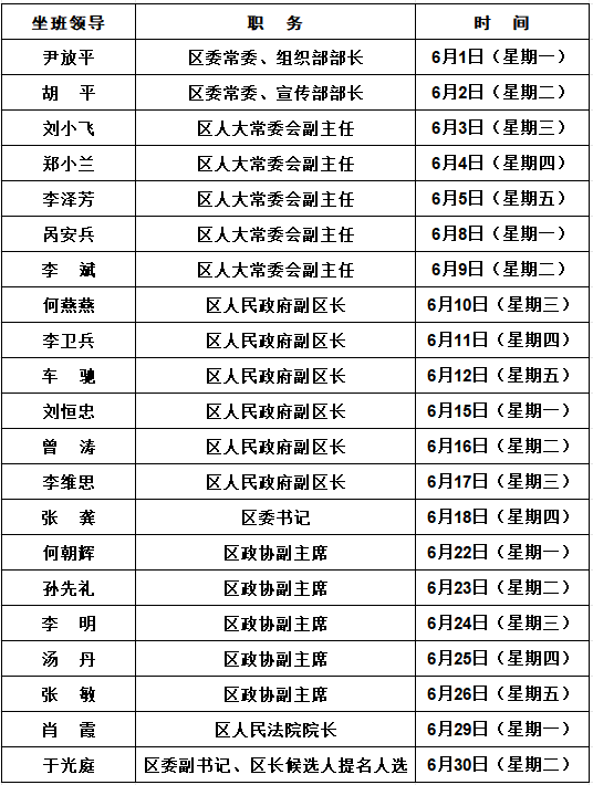 2026年6月份北塔区区领导坐班接访安排